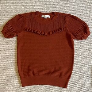 Loft Sweater with Ruffle Front and Mini-Puff, Short Sleeve. Color:Rust  Size:XS